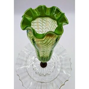 Victorian Green Opalescent Glass Epergne Centerpiece Trumpet Vase Ruffled Base